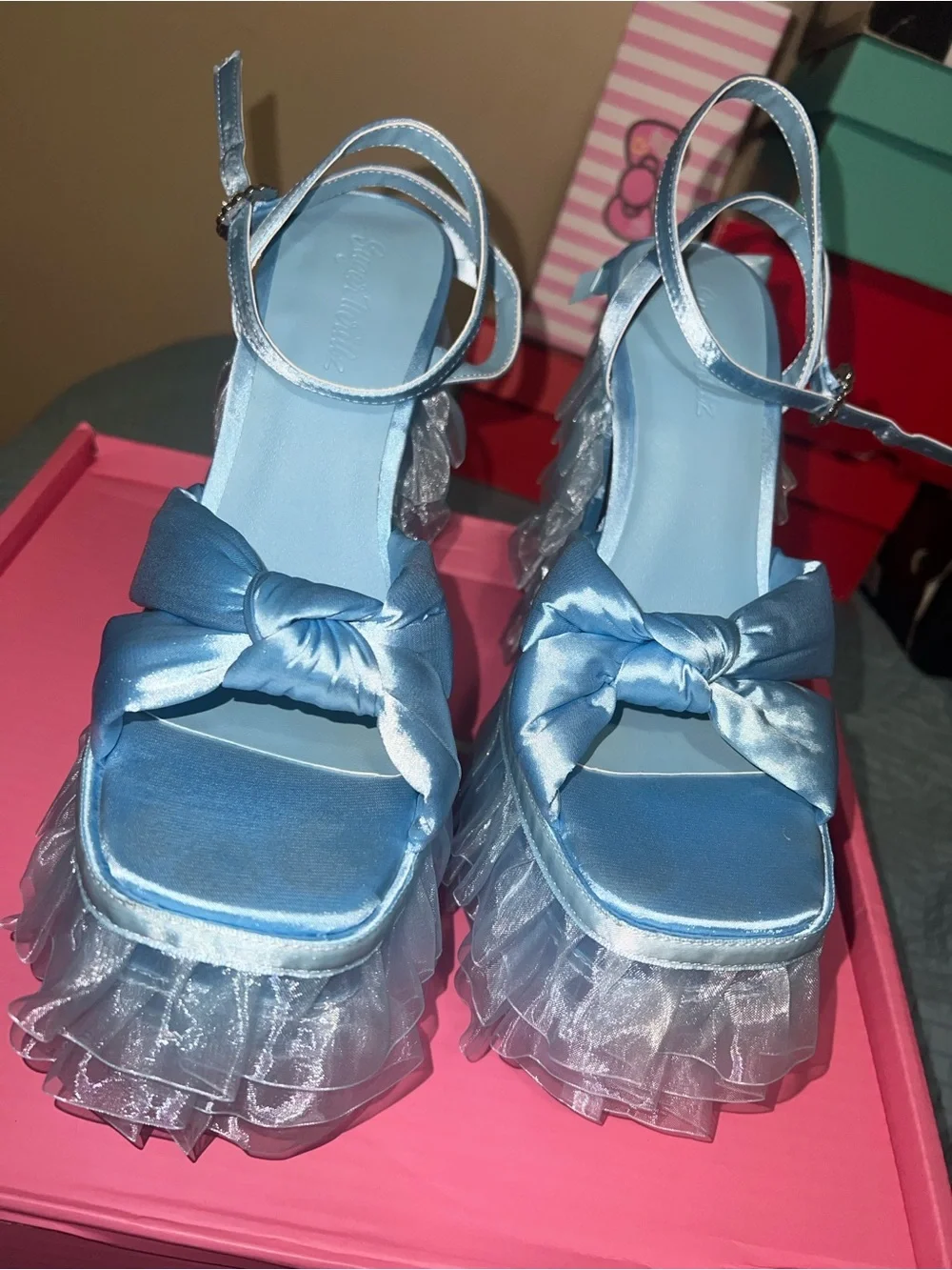 Sugar Thrillz Light Blue Ruffle Platform Heels with Bow